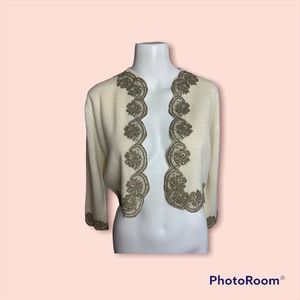 RARE Eleanor Beard Hardinsburg KY Vintage 1960s metallic lace appliqué cardigan